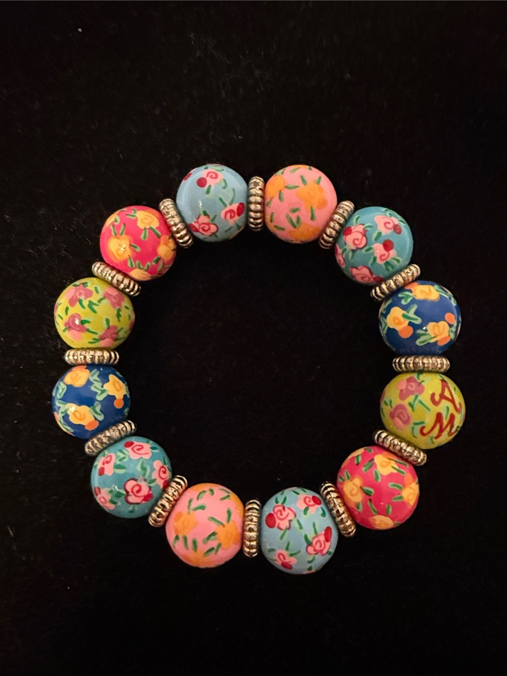 ANGELA MOORE BRACELET SIGNED HAND PAINTED ONE SIZE OS BLUE PINK GREEN FLORAL